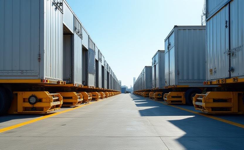 Loading docks with trucks backing in for freight forwarding