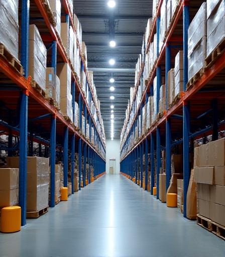 High-density vertical storage racks in a clean logistics facility