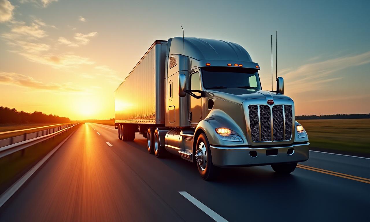 Modern freight truck on a highway during sunset representing logistics transit