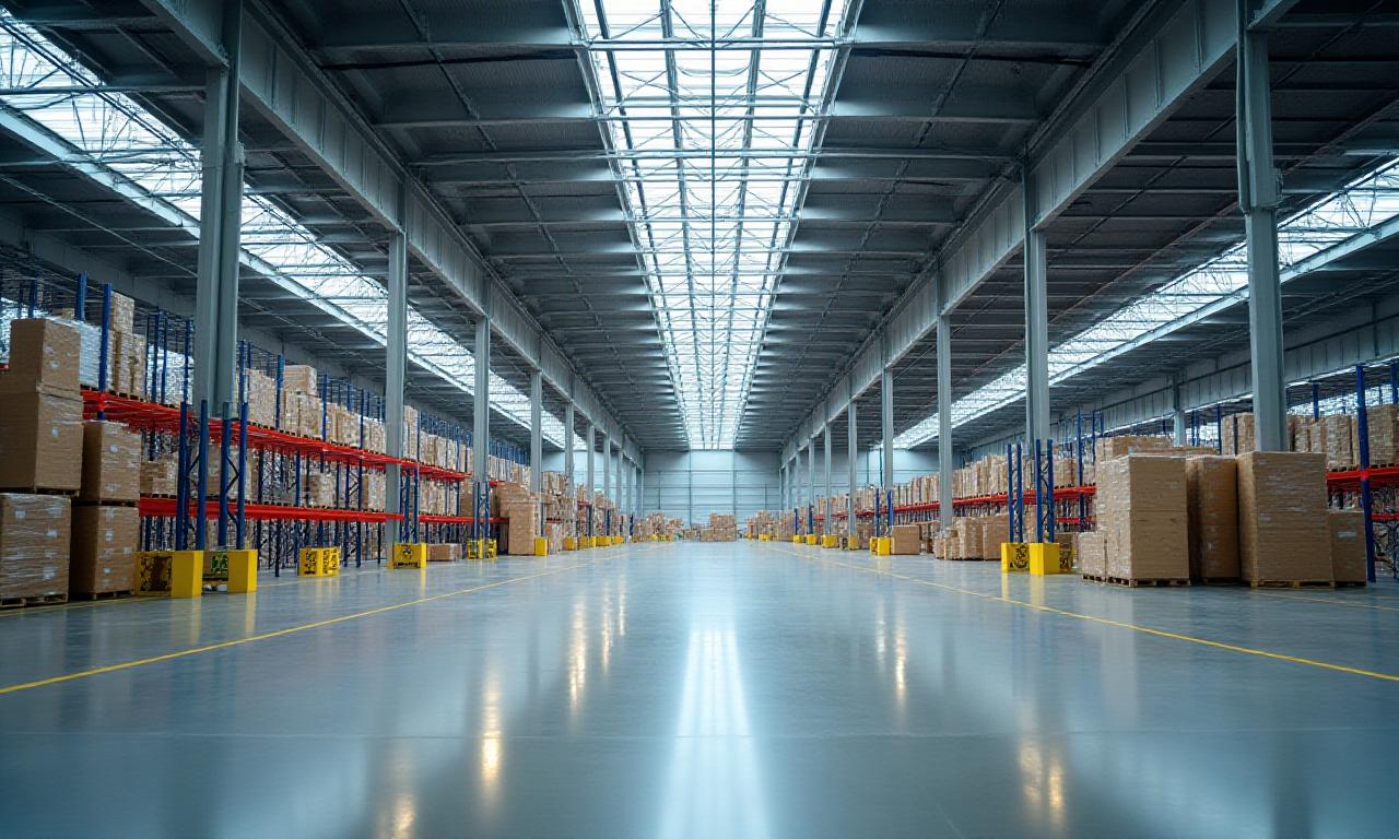 Wide interior shot of a modern freight warehouse with high ceilings and organized pallets